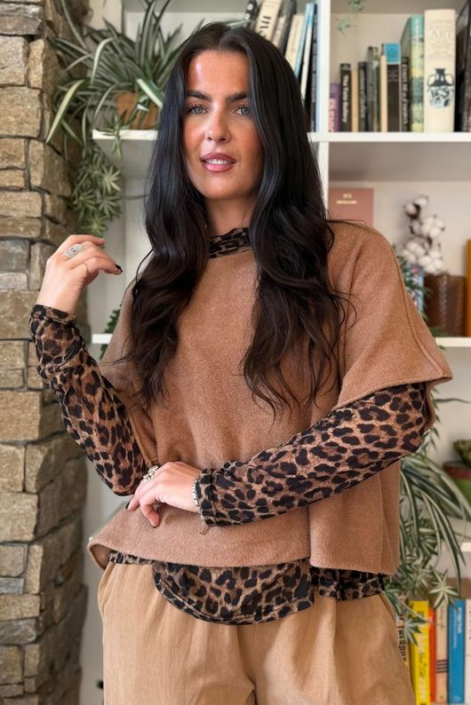 Tiby Funnel Neck Layering Top Leopard Camel